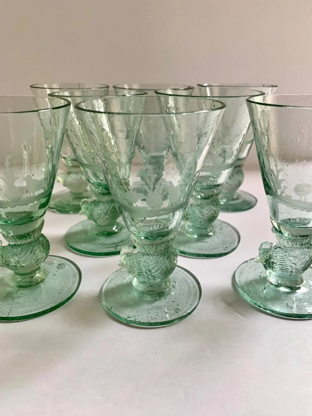 Antique Hand Blown Green Glass Rooster Juice Glasses Set 8 Etched Early American
